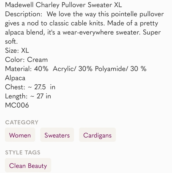 Madewell Charley Pullover Sweater XL - Picture 9 of 9